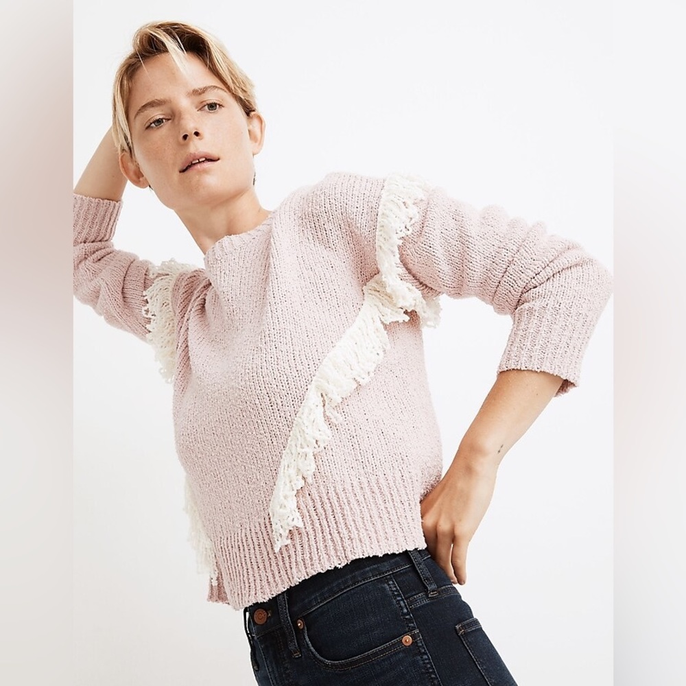Madewell Montford Fringe Pullover Sweater Pink Pearl Ivory